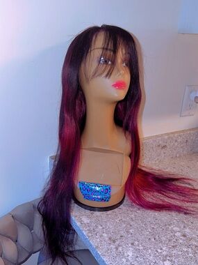 Brazilian Human Hair Sleek Black to Burgundy  Women's Wig with Fringe 30 inches